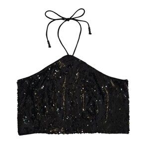 Black Sequin Halter Crop Top With Smocked Back & Adjustable Tie Closure.